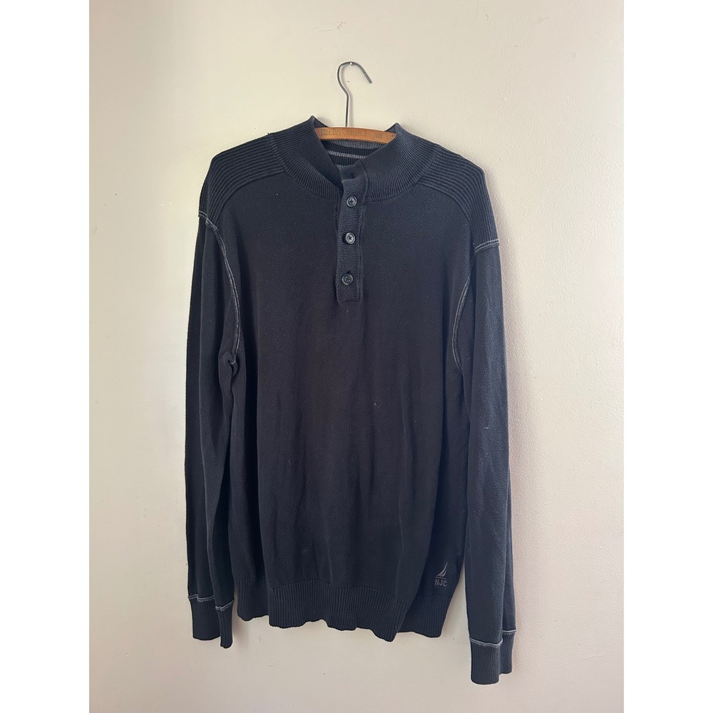 Nautica Jeans‎ Co. Mens XL Black Knit 3 Button Mock Neck Long Sleeve Sweater